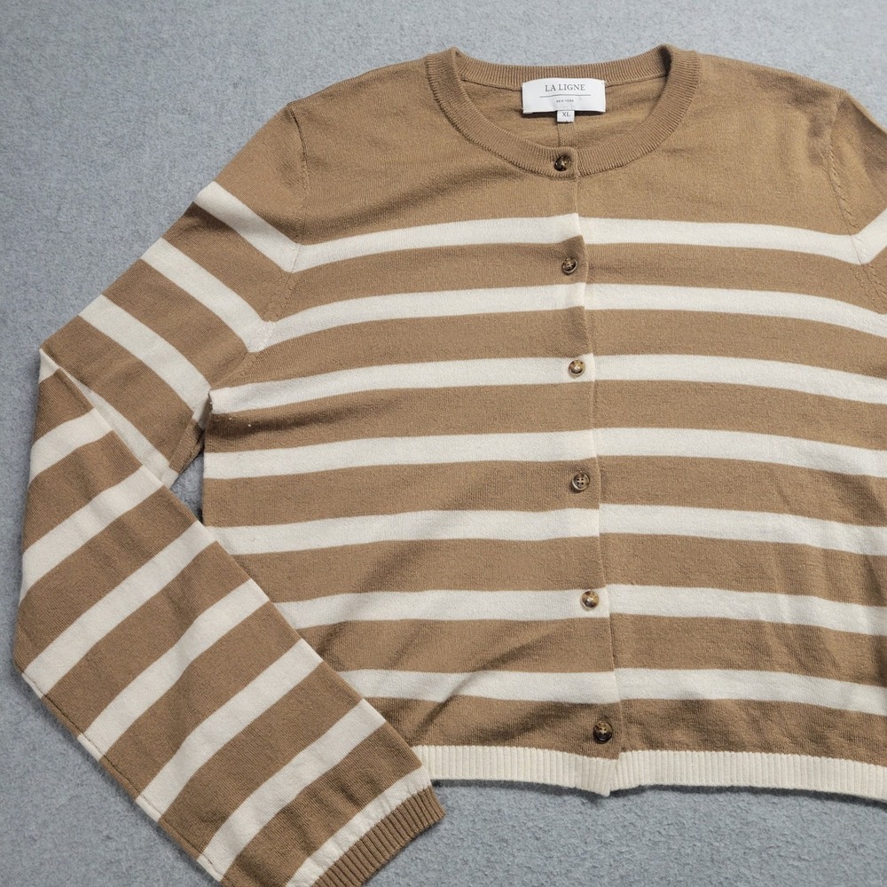 La Ligne New York Tan White Striped Cashmere Cardigan Sweater Women's Size XL - Picture 1 of 11